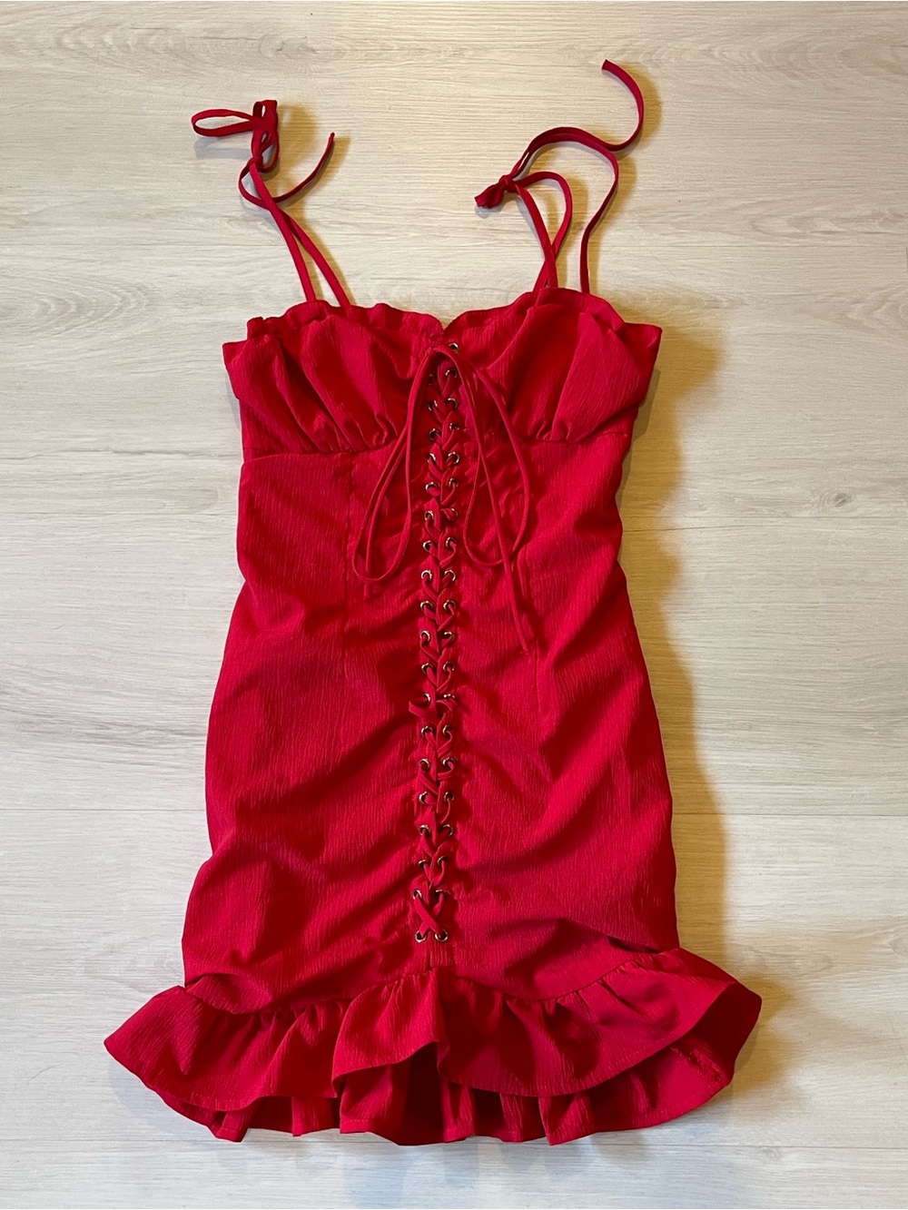 O.Vianca Women’s Red Lace-Up Ruffle Hem Smocked Back Bodycon Mini Dress Size S